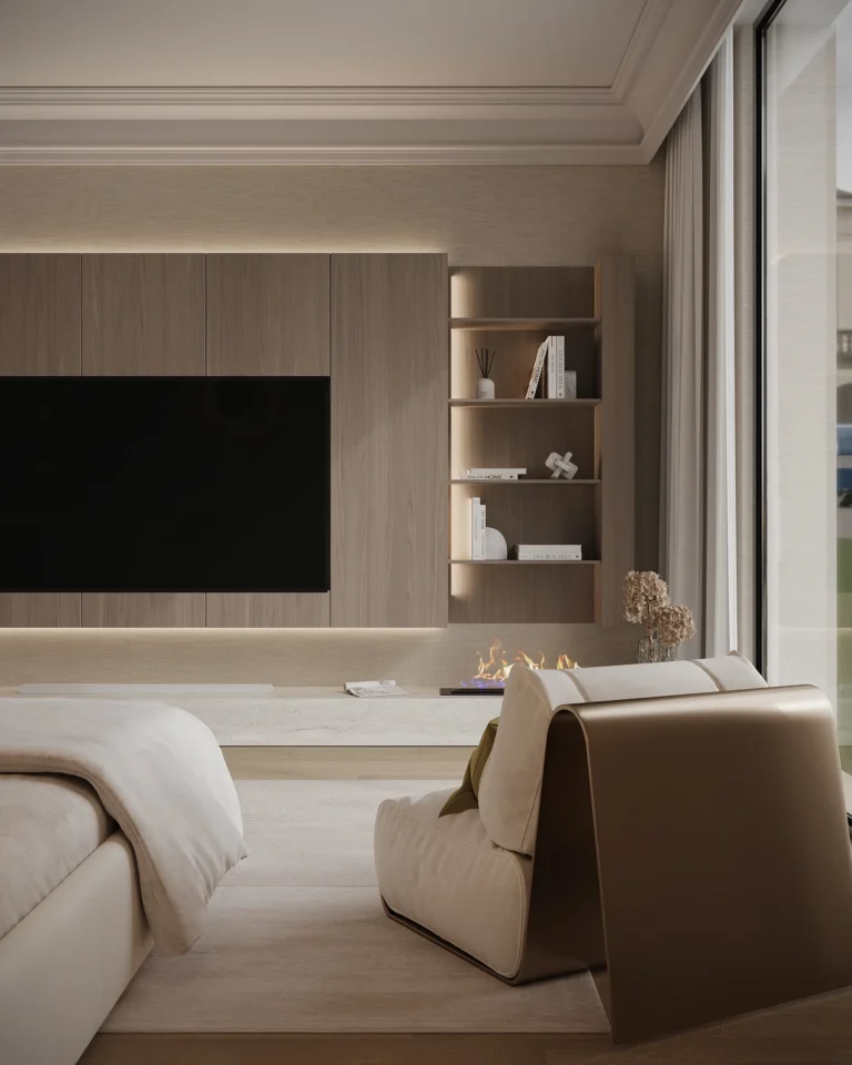 Miami apartment bedroom with an oak media wall and linear gas fireplace on a travertine hearth