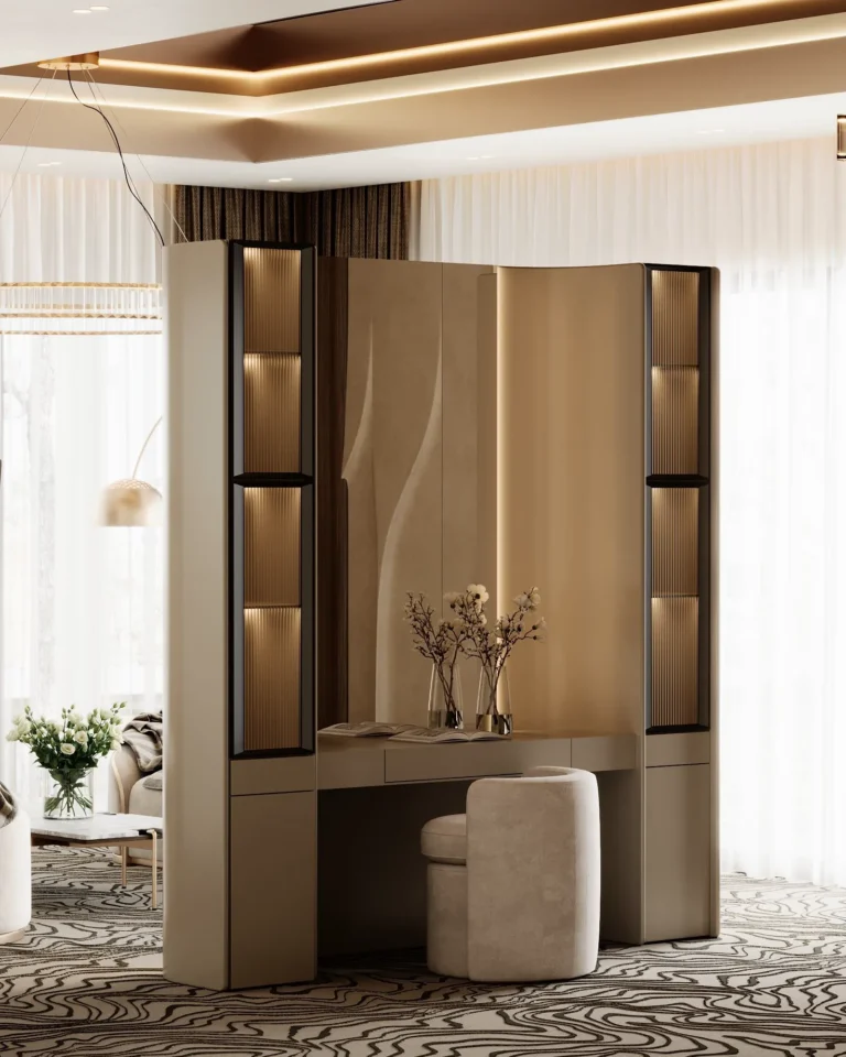Sobha Hartland dressing table set between backlit fluted glass display towers