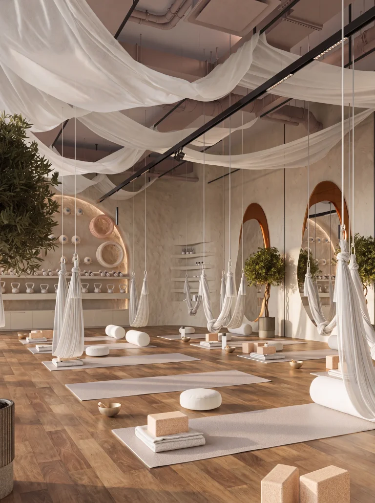 Aerial yoga studio with rows of white silk hammocks, yoga mats and cork blocks under draped fabric ceiling swags, arched mirrors and potted olive trees