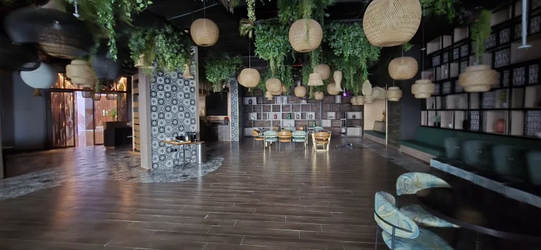 The existing floor towards the entrance, patterned tile meeting timber