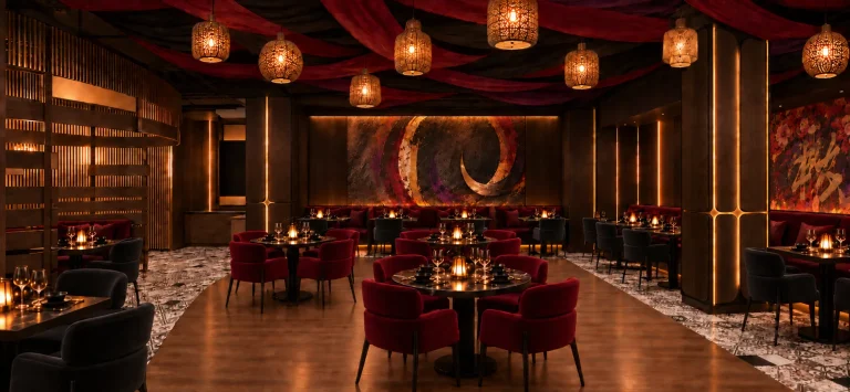 The restaurant redesigned: crimson velvet seating under lantern pendants, a painted mural wall beyond