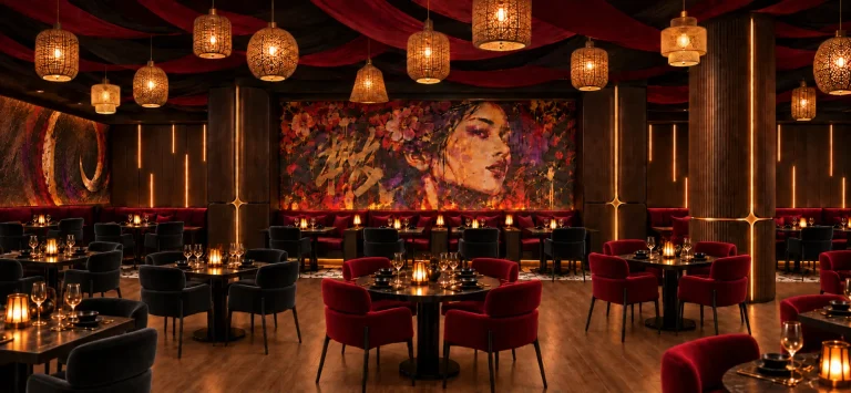 The mural wall in full: a portrait and crescent artwork above banquette seating