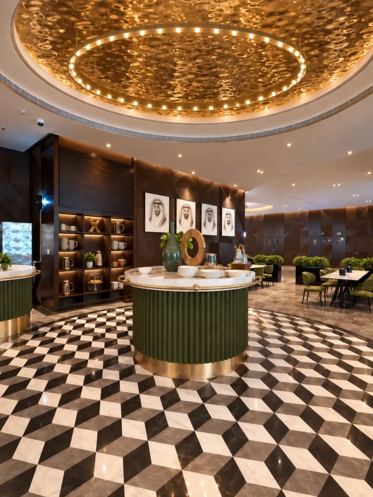 Cafe interior: a marble servery on a checkerboard floor beneath a lit ceiling ring