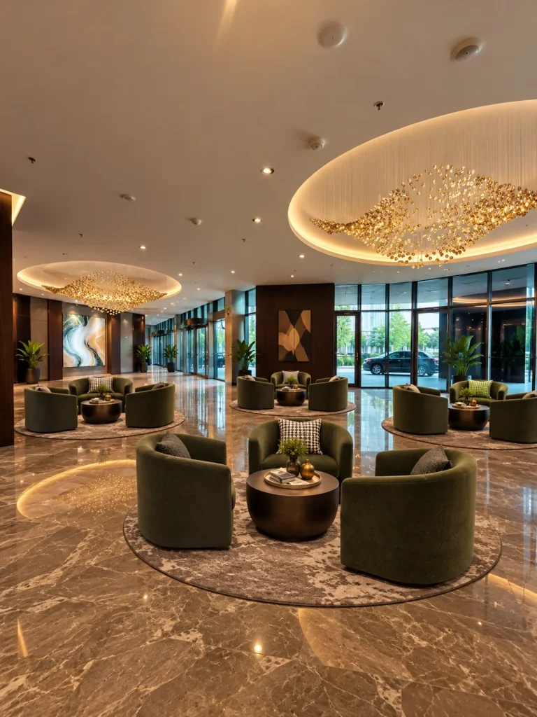 Cafe seating: curved banquettes and marble tables along the window