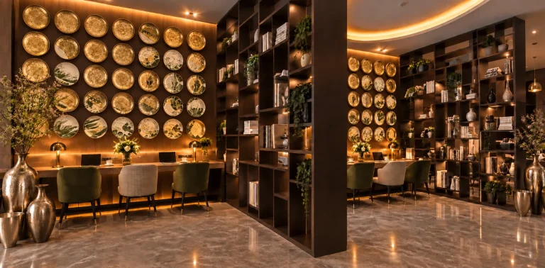 Cafe work counter and display shelving in dark timber