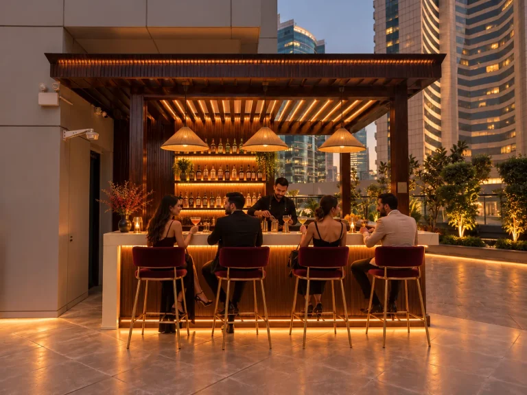 Rooftop bar counter beside the pool, timber pergola above