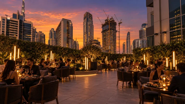 Rooftop dining terrace at dusk against the Dubai skyline