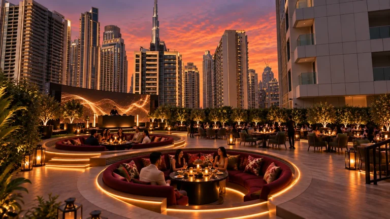 Sunken circular banquettes lit from beneath, skyline behind