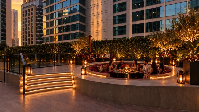 Rooftop lounge seating arranged around the central floor