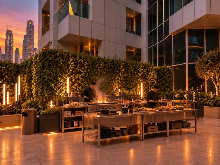 The grill station, counter dining under warm downlight