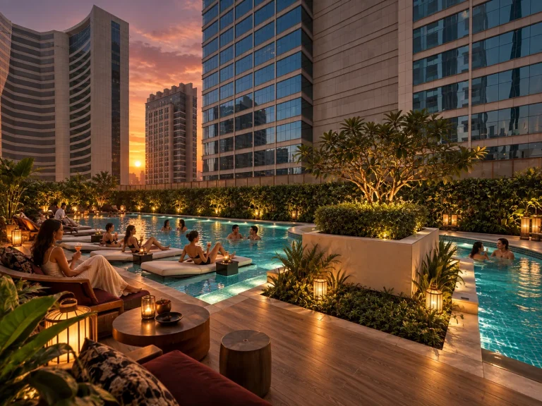 Poolside loungers and cabanas along the lit water edge
