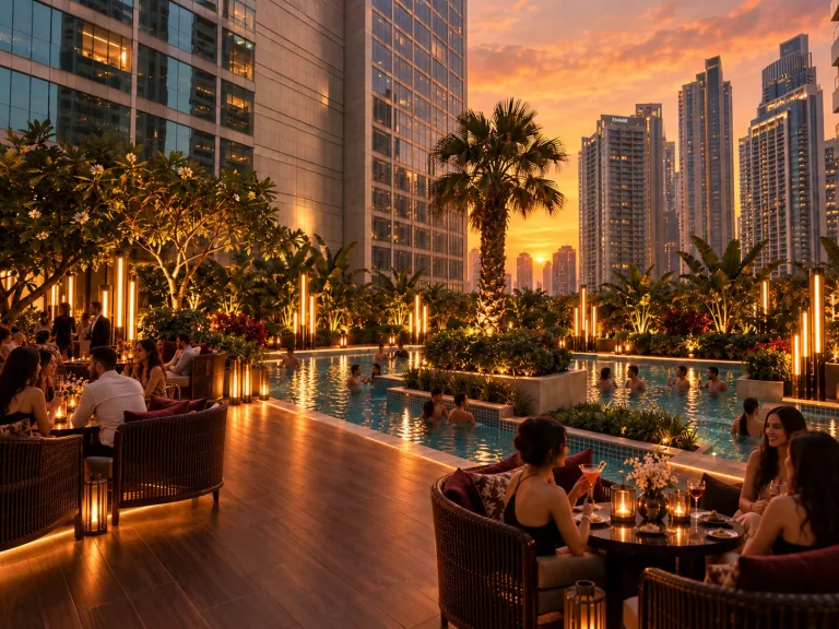 Poolside seating looking down the length of the pool at sunset
