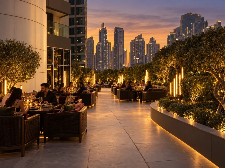 Rooftop restaurant seating beneath planting and vertical light columns