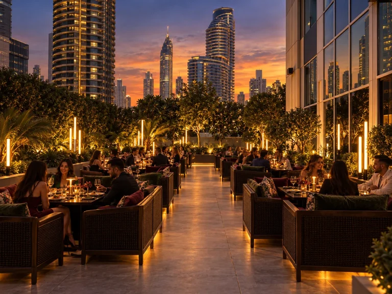 Rooftop dining in full, tables set between the planted dividers