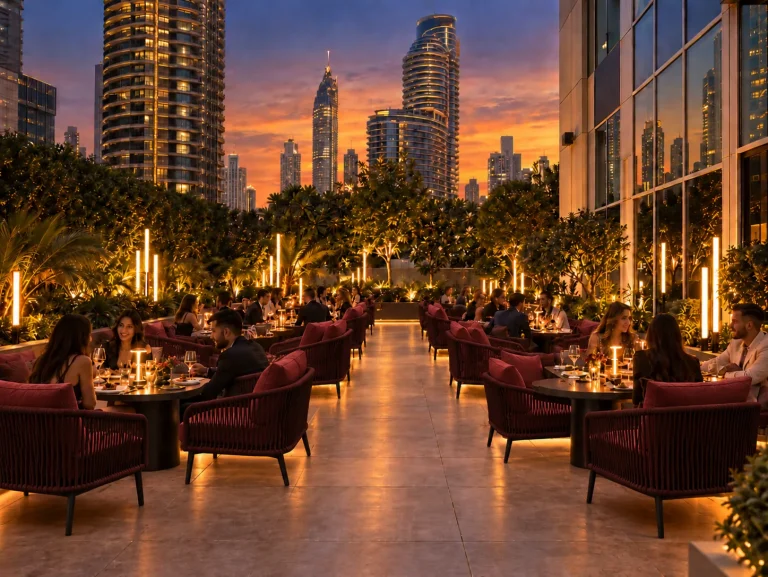 Option B: tables set between planted beds at dusk