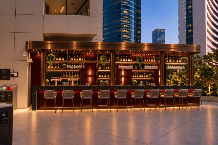 Option B: the rooftop bar in red and timber