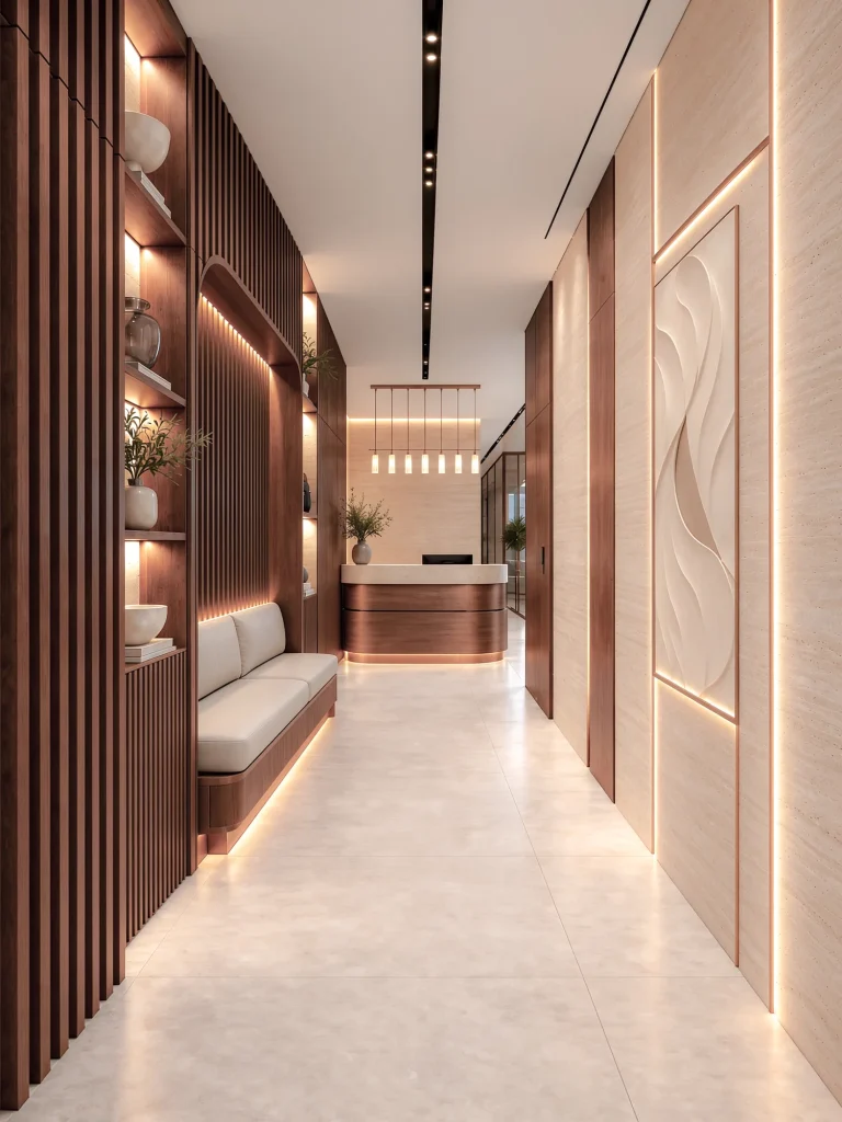 Reception approach, ribbed walnut walls and a lit stone niche above a bench