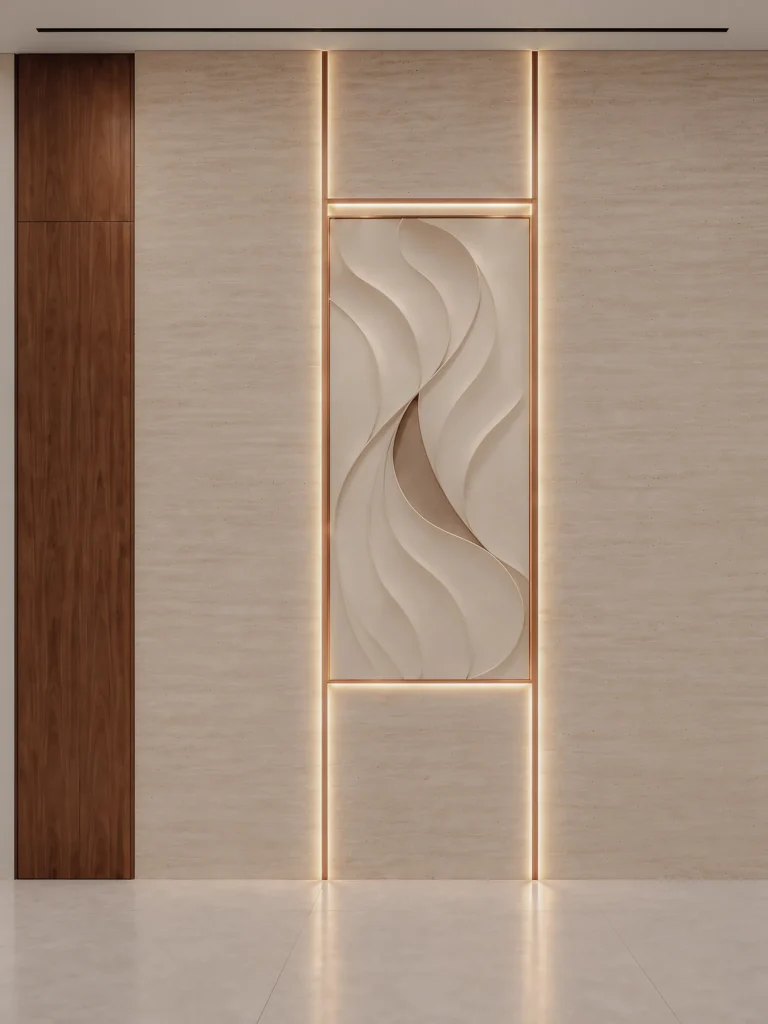 Reception feature wall: a carved relief panel framed in champagne bronze