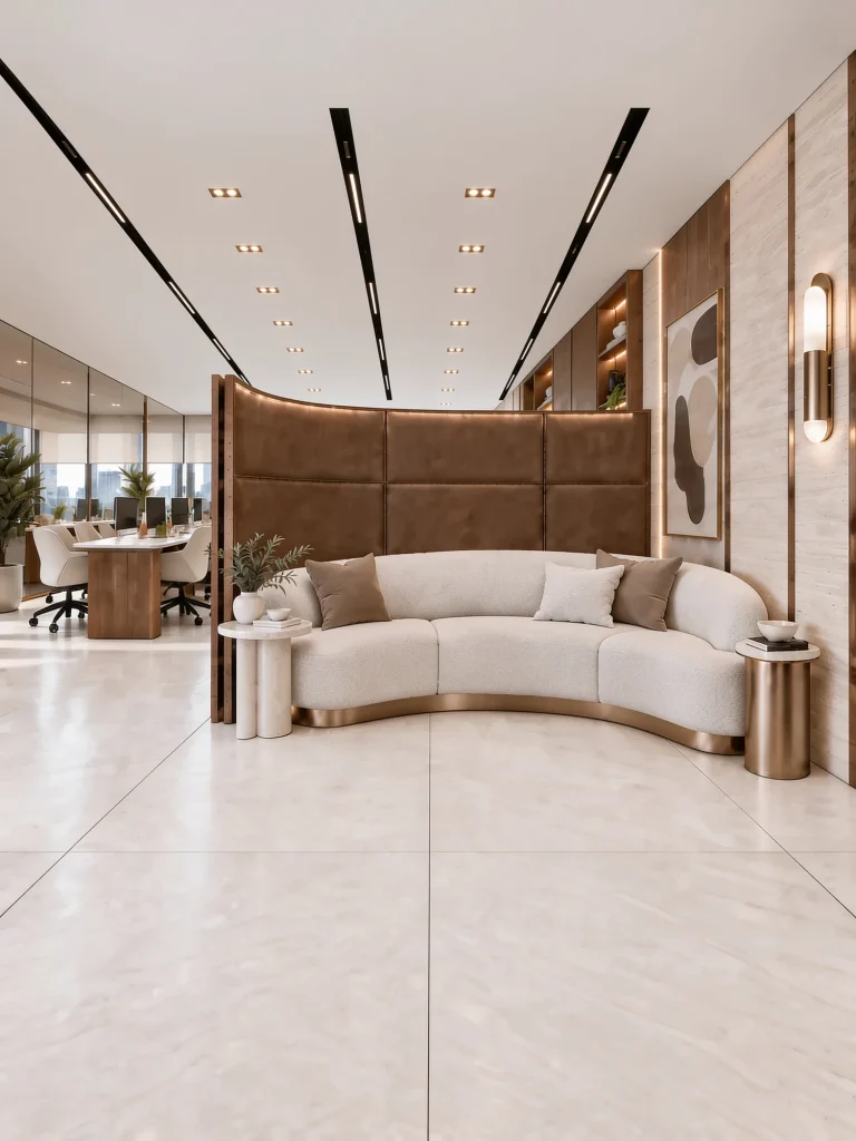 Breakout lounge with a curved banquette under a ribbed walnut ceiling