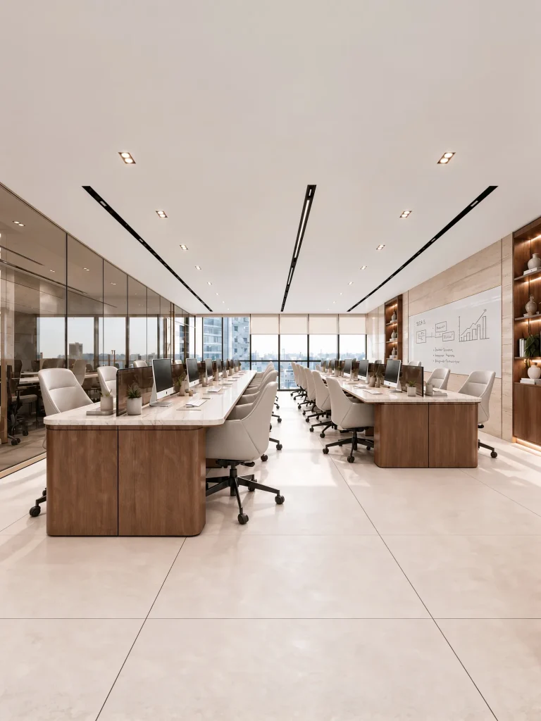 Open-plan workstations running to the window line