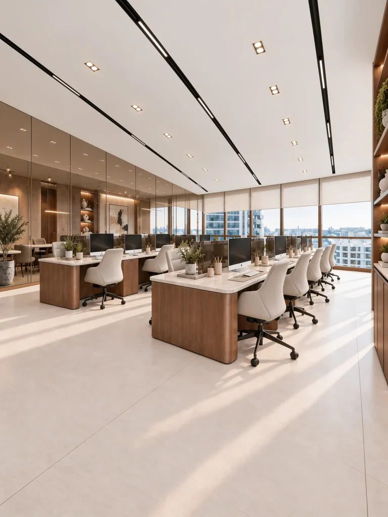 Workstation bank with city views along the glazed facade