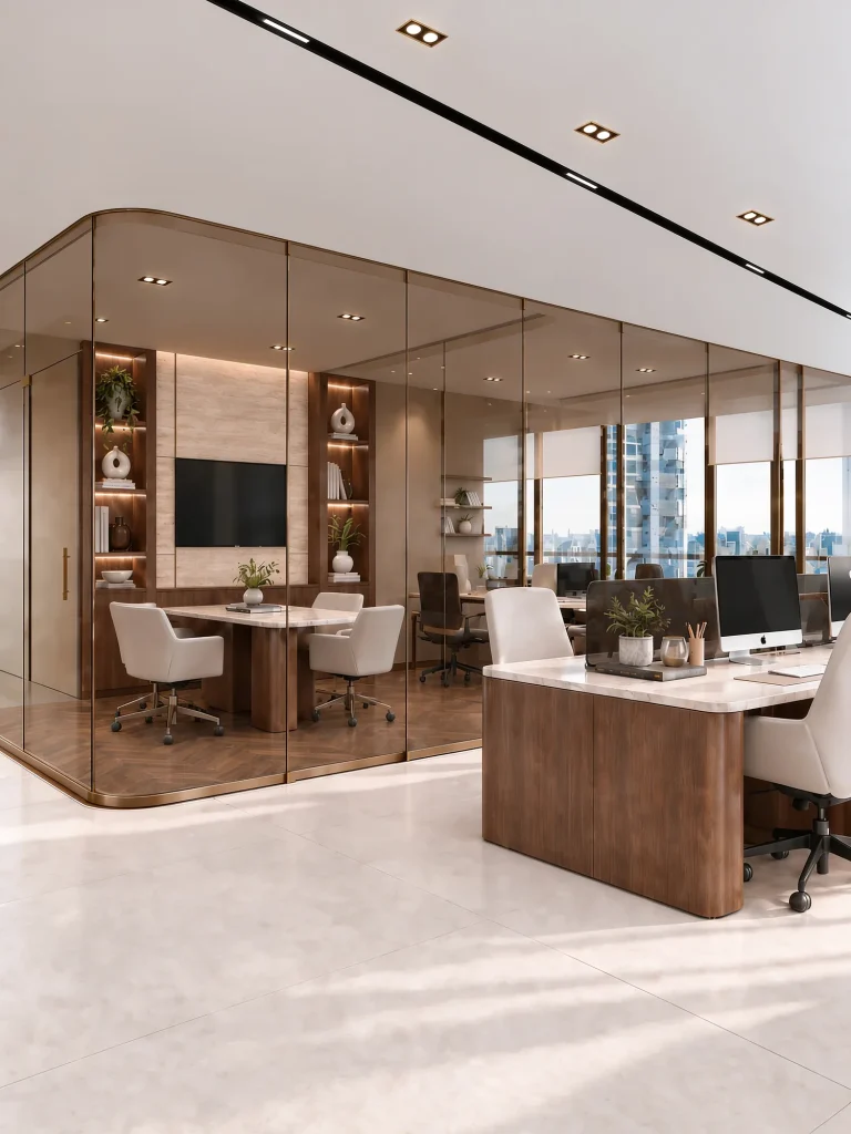 Workstations behind a glazed partition, meeting table adjacent
