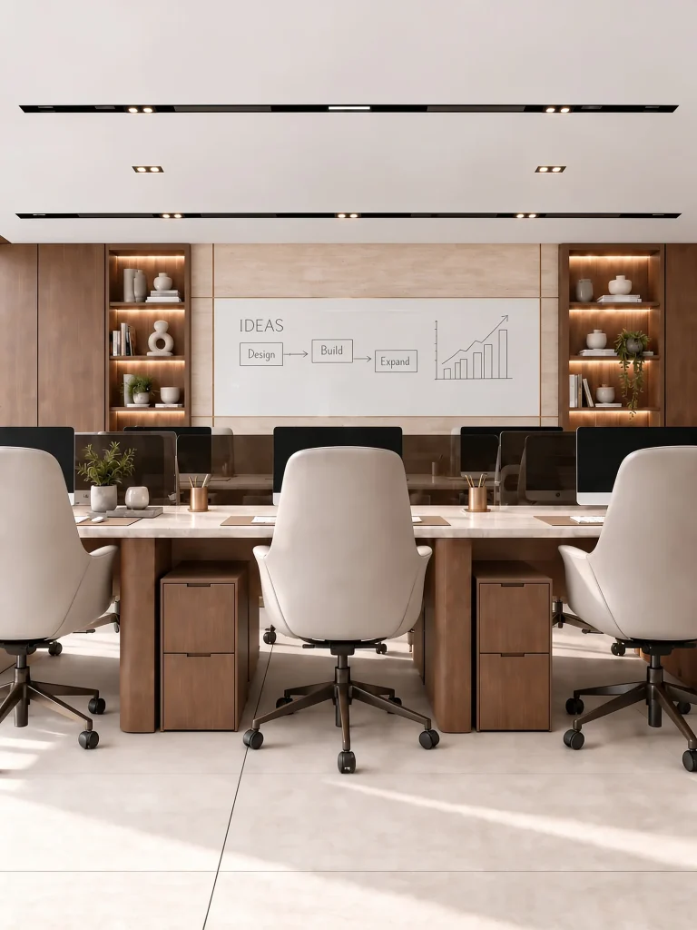 Team desks facing a presentation wall with shelving either side