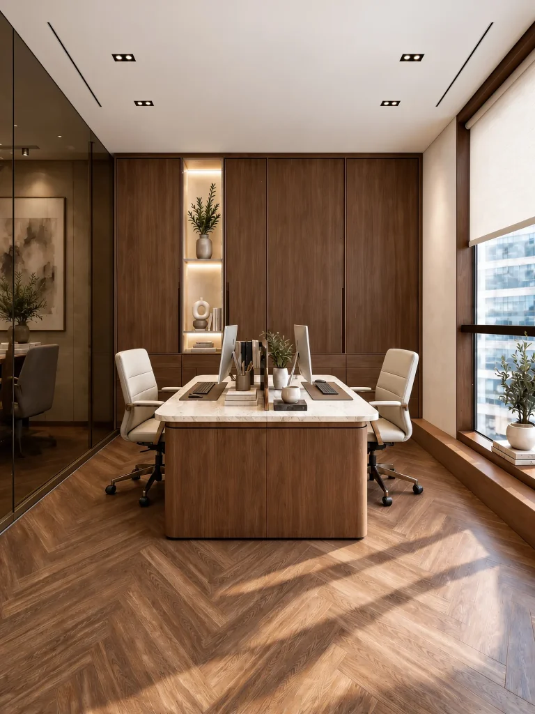 Accounts office in walnut panelling over a herringbone floor