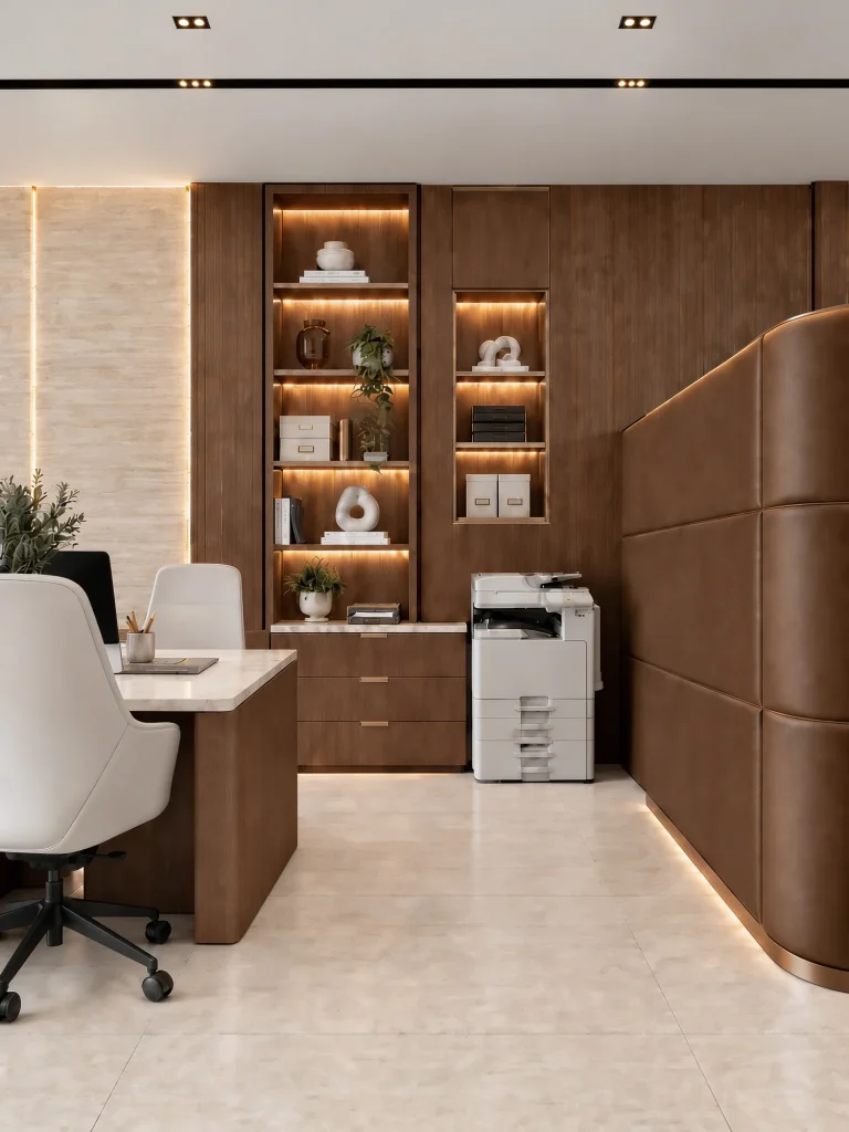 Print and support corner with integrated joinery and display shelving