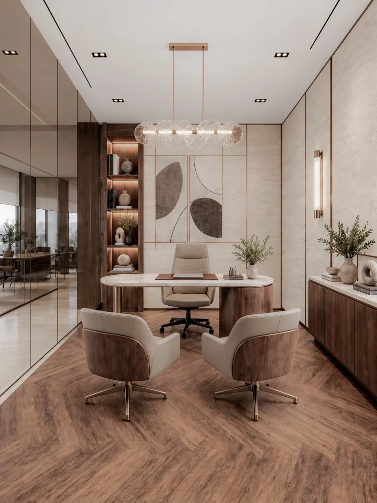 Manager's office, desk and visitor chairs beneath a linear pendant