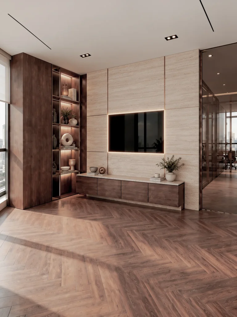 Manager's office from the reverse: walnut credenza and screen wall