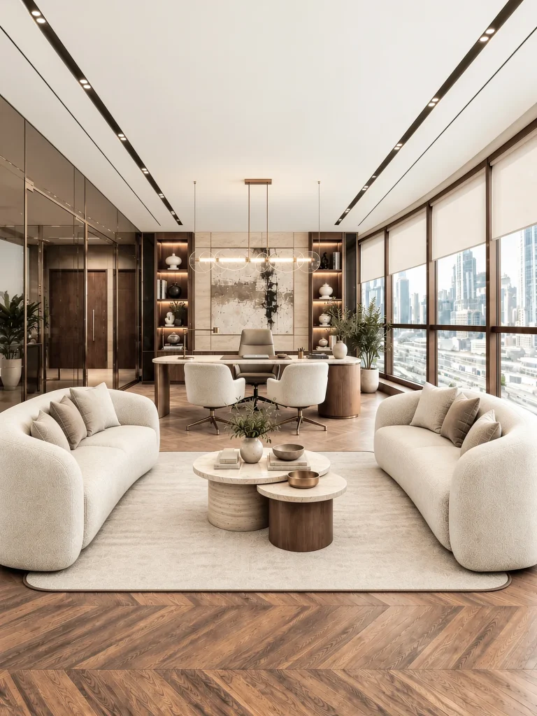Executive suite overview, curved sofas on a pale rug