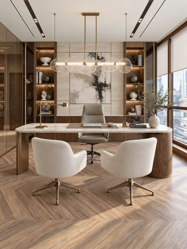 Executive desk framed by lit shelving and a brass pendant