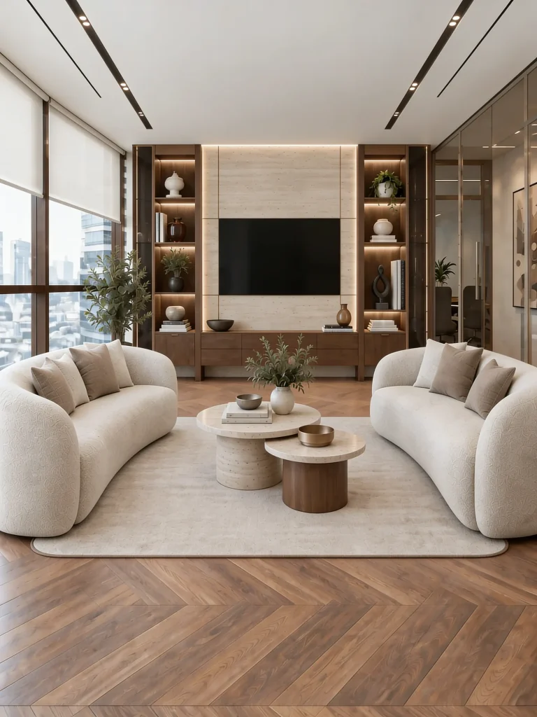 Executive lounge seating facing the screen wall
