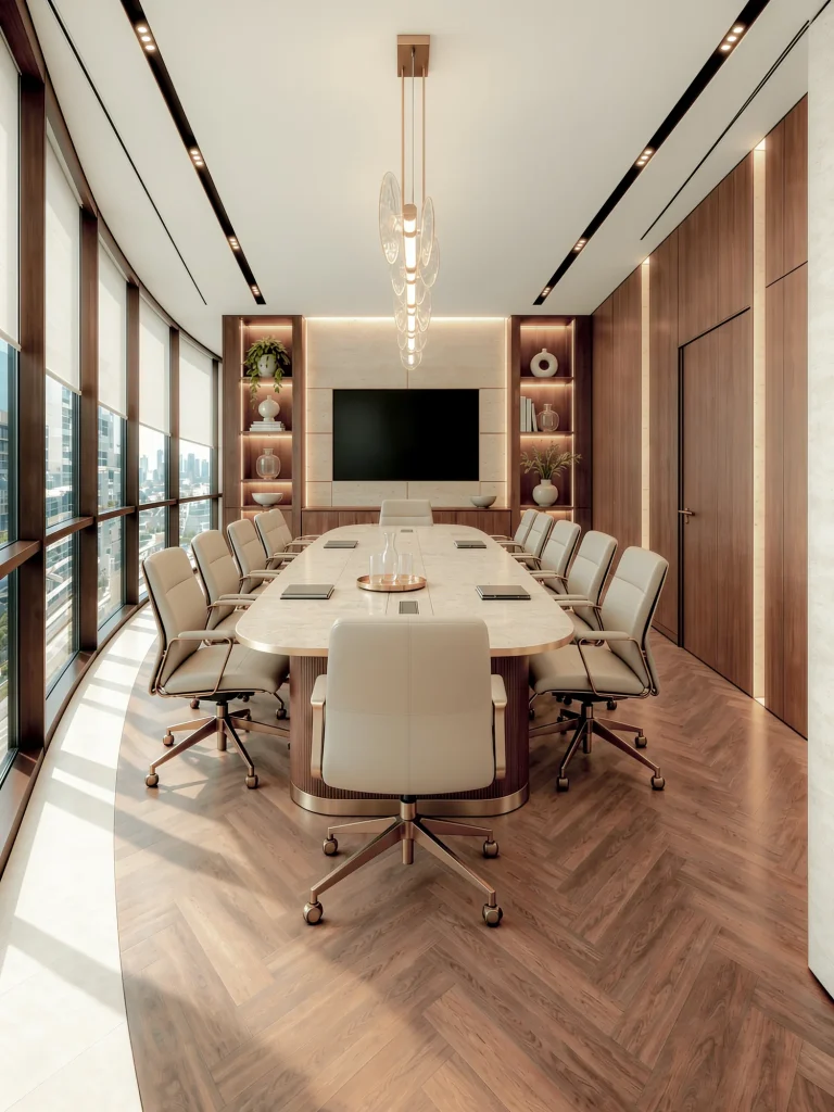 Boardroom looking towards the screen, pendants down the table