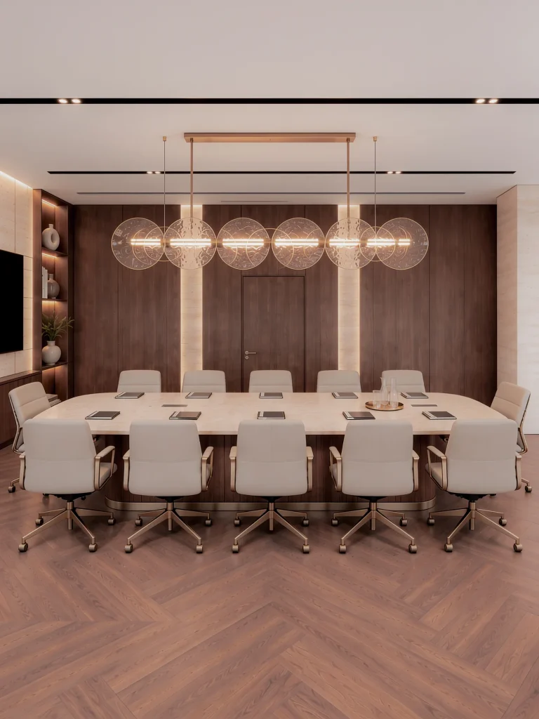 Boardroom from the rear, globe pendants over walnut panelling