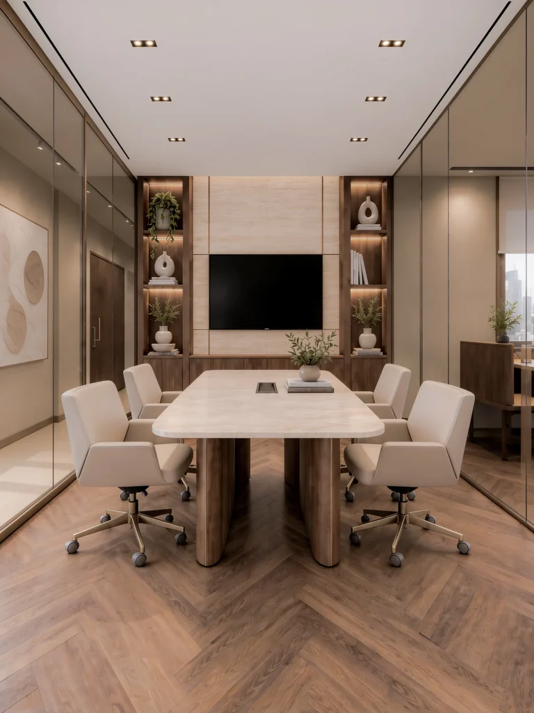 Four-seat meeting room with a sculpted table base