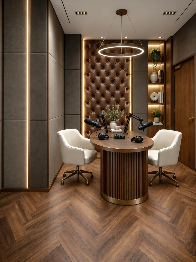 Podcast room: round table, microphones and an upholstered acoustic wall