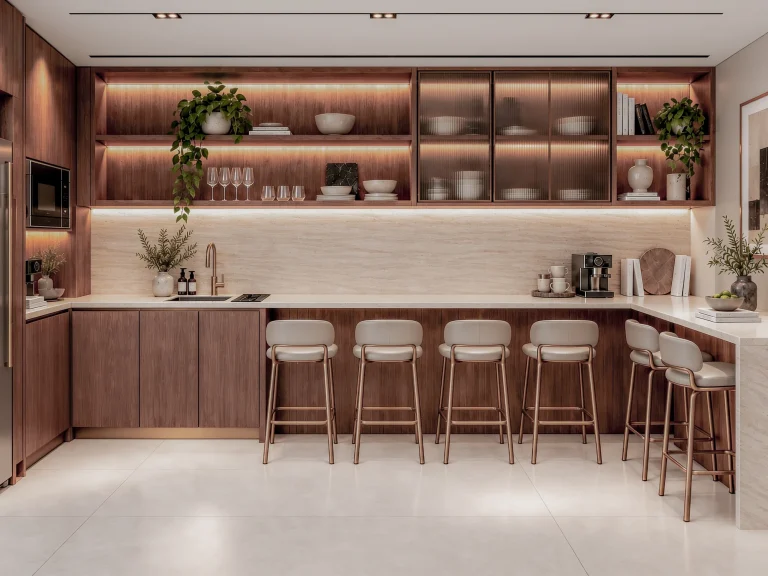 Pantry with a long bar counter and open display shelving