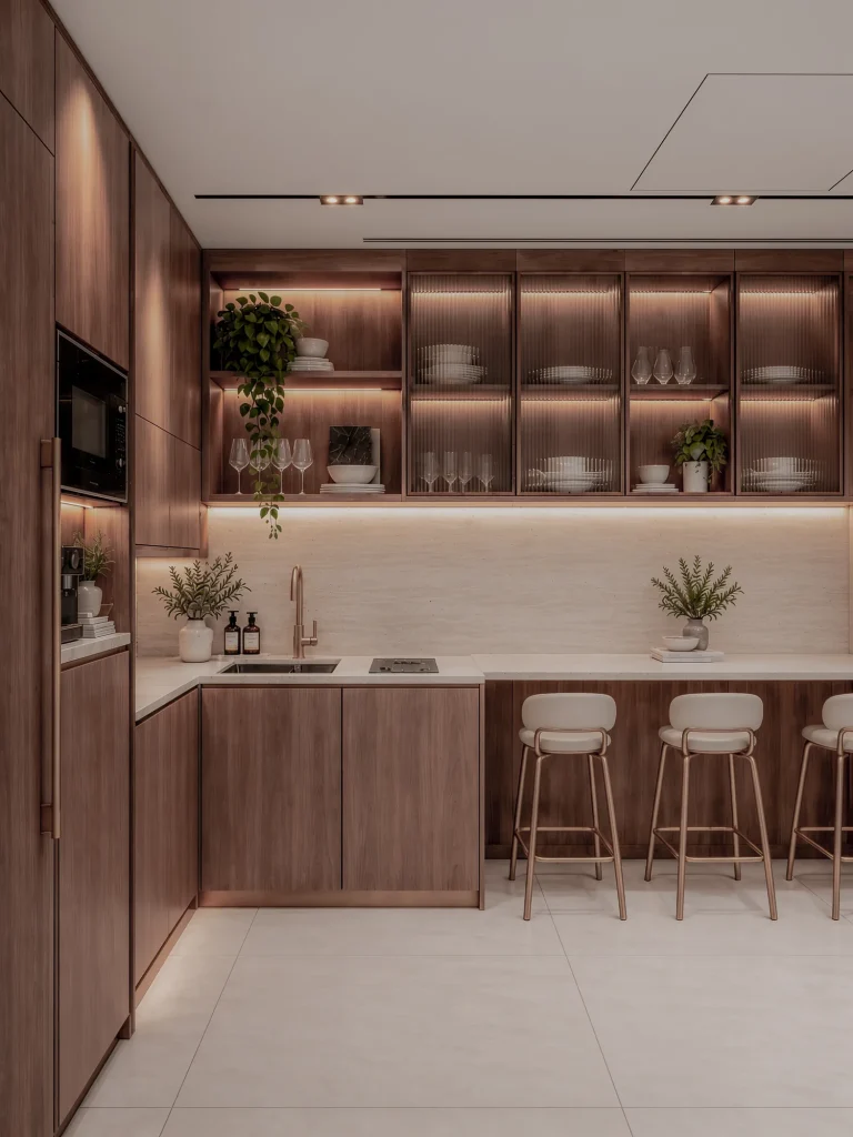 Pantry counter and tall storage in walnut