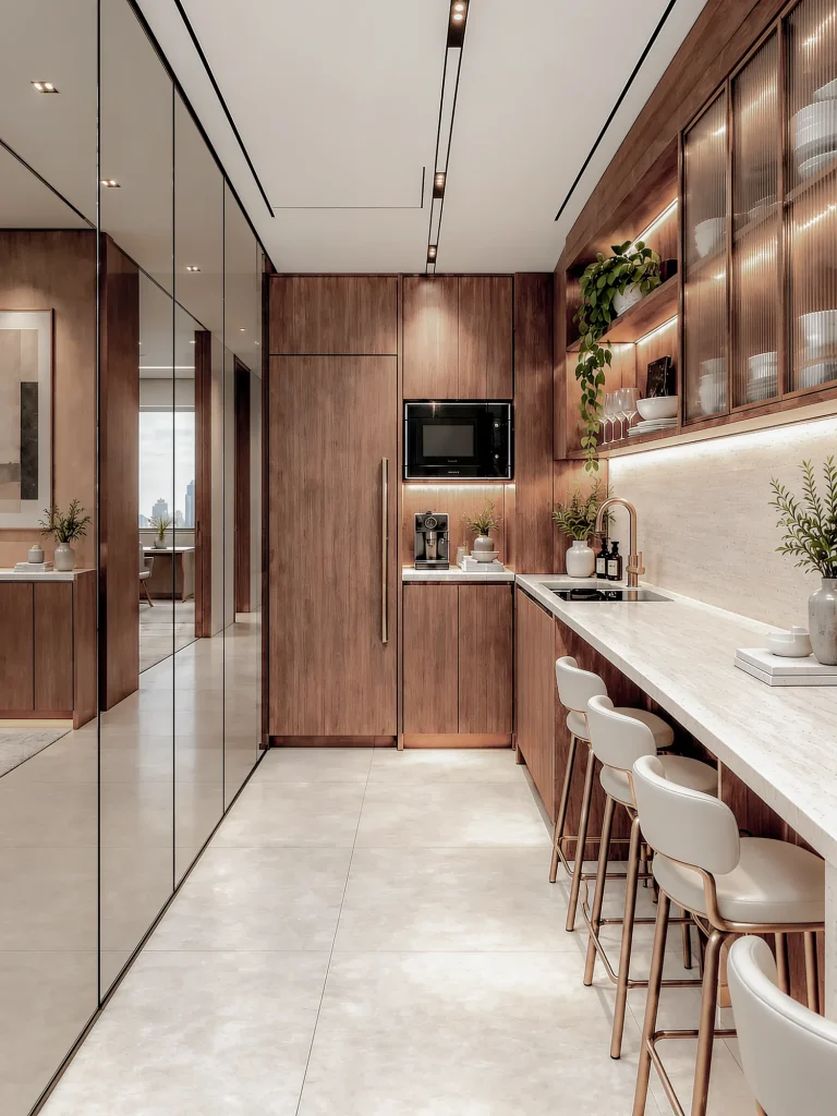 Pantry galley with bar stools along the run