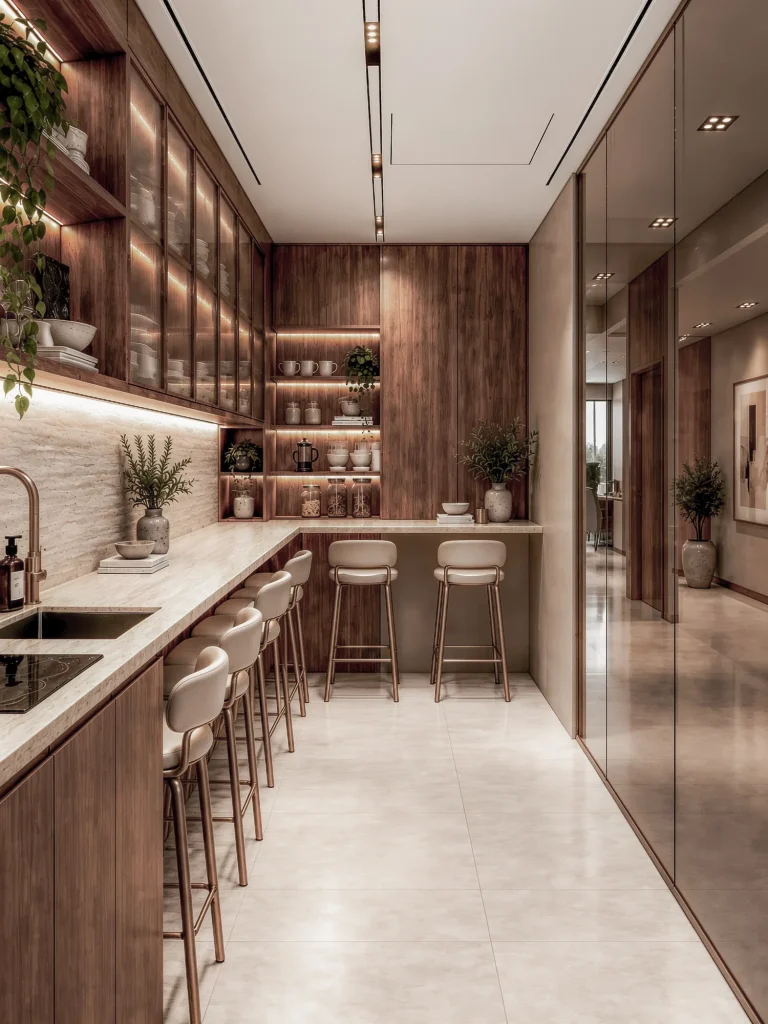 Pantry sink run under lit shelving, seating opposite