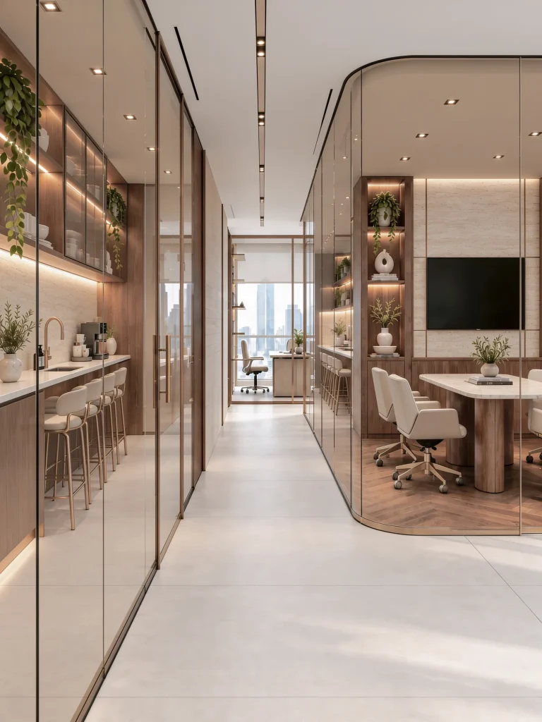 Corridor past glazed offices towards the breakout