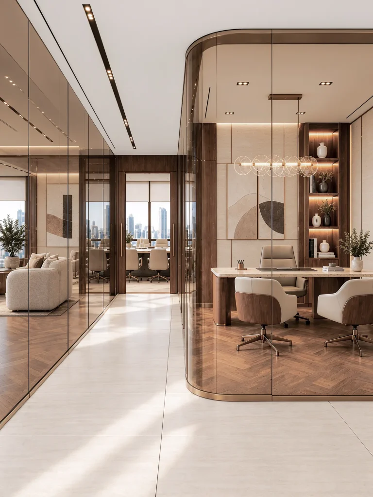 Corridor beside a curved glass meeting pod