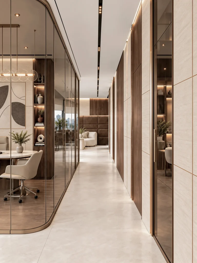 Corridor with bronze-tinted glass doors to the offices