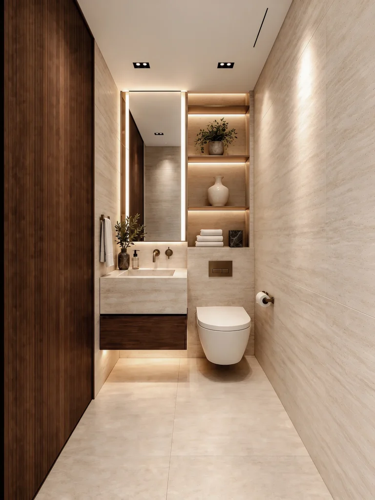 Washroom with a stone basin under a lit mirror recess