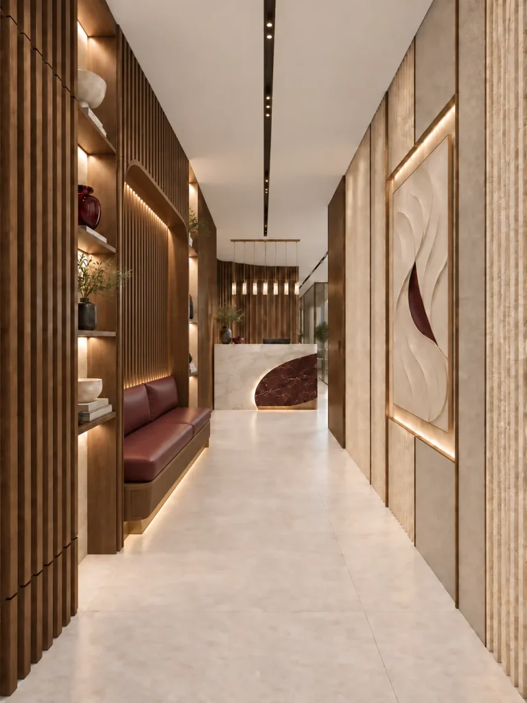 Reception approach, Option B: a wine-upholstered bench built into the walnut wall