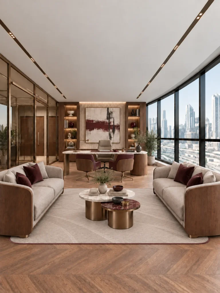 Executive suite, Option B: walnut-framed sofas, wine cushions and a patterned rug