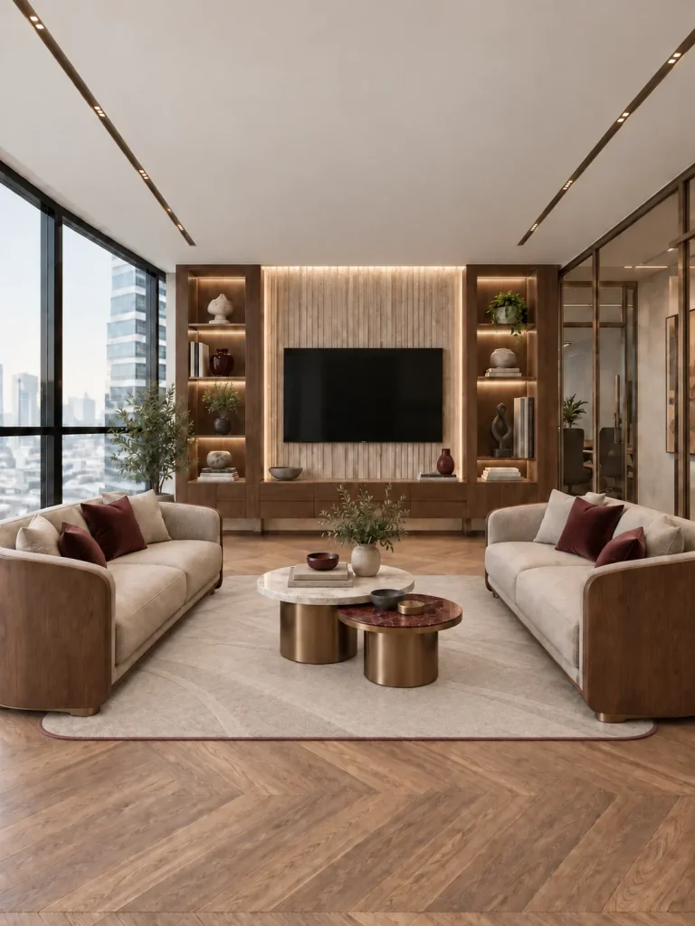 Executive lounge, Option B: walnut-framed seating against the screen wall