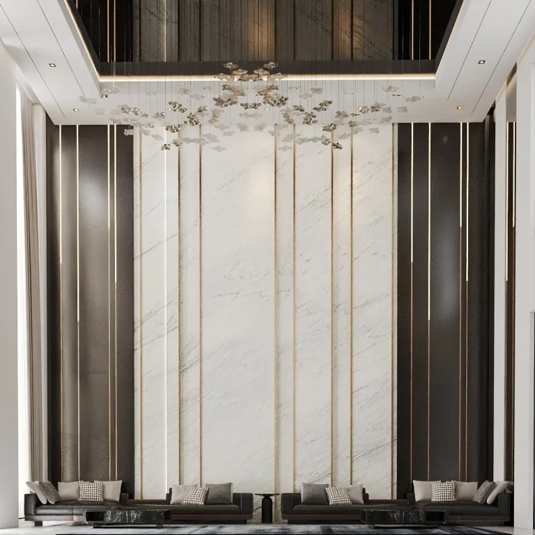 Men's majlis with fluted panelling and a book-matched marble feature wall